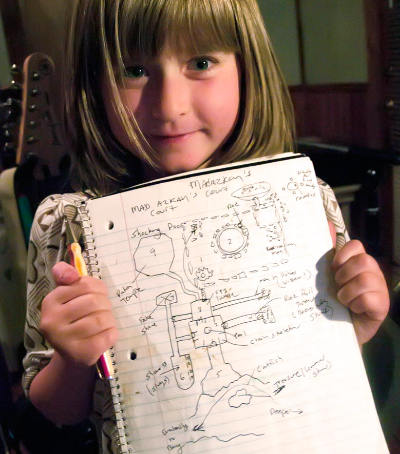 Kira holding the original sketch for the dungeon map of Perils