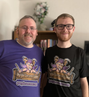 Jon and Ben in Purple Sorcerer Shirts
